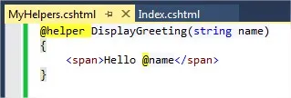 The MyHelpers.cshtml file open in Visual Studio, containing the @helper DisplayGreeting block