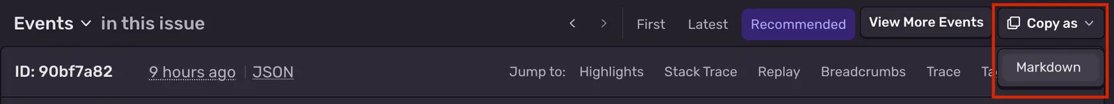 Copying a Sentry event as Markdown